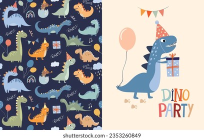 Dino party set with seamless pattern and greeting card, invitation with cute dinosaurs celebrating