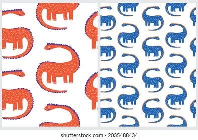 Dino Pattern. Cute Hand Drawn Seamless Vector Patterns with Dinosaurs. Lovely Repeatable Print with Red and Dark Blue Big Dinos Isolated on a White Background. Infantile Style Dino Party Print.