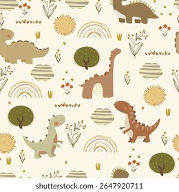 Dino pattern with flowers, rainbows and clouds. Vector illustration with animals and plants.
