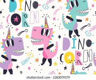 Dino pattern for kids. Colorful dinosaur vector illustration. Fashionable template for design.