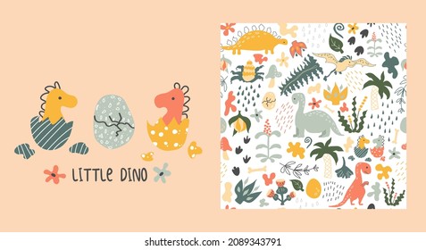 Dino pattern. Little dino and cracked egg. Vector background. Seamless pattern with dinosaurs, prehistoric plants, spots, traces,  raindrops and eggs. Baby print