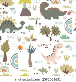 Dino pattern with plants, rainbows, volcano and spots on white background. Seamless pattern with cute animals and cartoon nature.