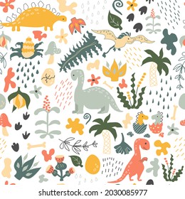 Dino pattern. Vector background. Seamless pattern with dinosaurs, prehistoric plants, spots, traces,  raindrops and eggs. Baby print