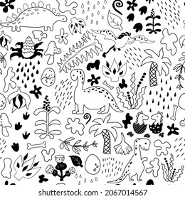 Dino pattern. Vector background. Seamless pattern with dinosaurs, prehistoric plants, spots, traces,  raindrops and eggs. Black-white. Baby print. Can be used in colouring book for children.