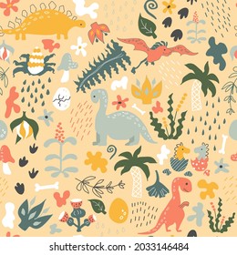 Dino pattern. Vector beige background. Seamless pattern with dinosaurs, prehistoric plants, spots, traces,  raindrops and eggs. Baby print