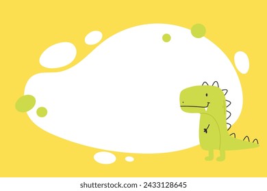 Dino photo frame, templates for text or invitations. Vector illustration of a funny cartoon dinosaur character. Scandinavian style doodle, hand drawn