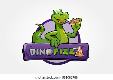 Dino Pizza Logo Cartoon Character. Awesome and Unique Mascot Logo Illustration for your playful company.