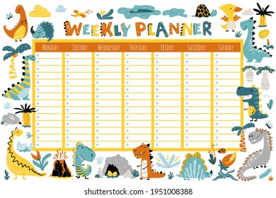 Dino Planner for a week. Vector colorful illustrations of various funny dinosaurs and jungles with volcanoes in simple Scandinavian cartoon style. The limited palette is ideal for the school schedule