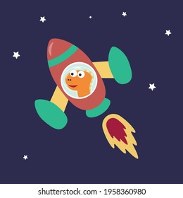 Dino play with his rocket. Dinosaur in outer space. Vector hand-drawn color children's illustration background for fabric, textile, nursery wallpaper, poster, card, brochure. and other decoration.