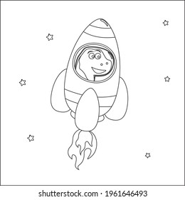 Dino play with his rocket. Dinosaur in outer space. Vector hand-drawn coloring children's illustration. Creative vector Childish design for kids activity colouring book or page.