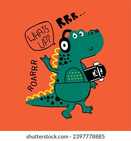 dino playing skateboarding with headset player music Vector illustration of dinosaur cartoon with typographic elements