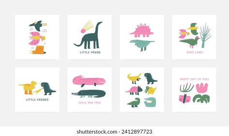 Dino postcards set with cute hand drawn doodle dinosaur, plants, palm, diplodocus, pterodactyl. Jurassic era cover, template, banner, poster, print. Extinctic animals backgrounds