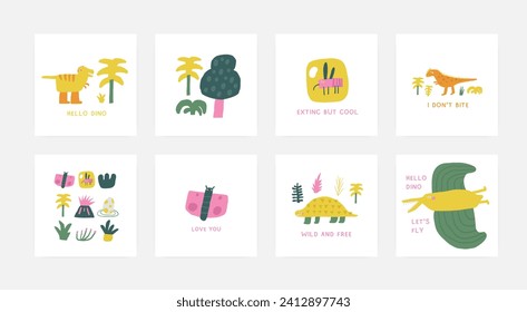 Dino postcards set with cute hand drawn doodle dinosaur, plants, palm, tree, pterodactyl. Jurassic era cover, template, banner, poster, print. Extinctic animals backgrounds