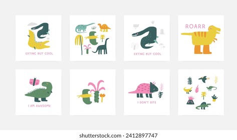 Postales de Dino ambientadas con adorables dinosaurios de doodle dibujados a mano, plantas, palmas, mosaurios, triceratops, pterodáctilo. Cobertura de la era jurásica, plantilla, pancarta, afiche, imprimir fondos de animales extínticos