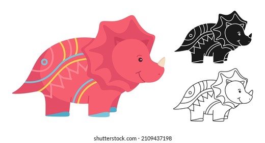 Dino prehistoric character cartoon or stamp, doodle outline set. Kids design animals for fabric, textile, stencil stain print. Wildlife reptile dinosaur childish illustration. Dinosaur era vector