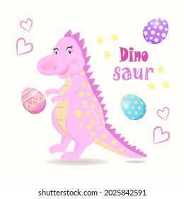 Dino Princess. Cute Dino pink cartoon dino. Vector hand drawn illustration. Isolated cartoon illustration for kid game, book, t-shirt, textile