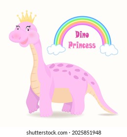 Dino Princess. Cute Dino pink cartoon dino. Vector hand drawn illustration. Isolated cartoon illustration for kid game, book, t-shirt, textile