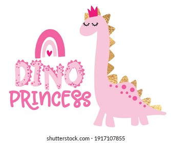 Dino Princess - funny hand drawn doodle, cartoon dino. Good for Poster or t-shirt textile graphic design. Vector hand drawn illustration. Dinosaur Queen.