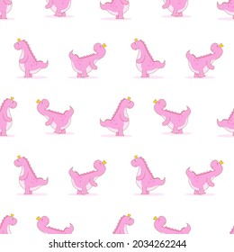 Dino princess hand drawing illustrations with girl Dino pink color for print clothing, t shirt, child. Creative girlish original design. Pink pattern on white background 