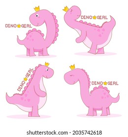 Dino princess hand drawing illustrations with girl Dino pink color for print clothing, t shirt, child. Creative girlish original design. Pink pattern on white background 