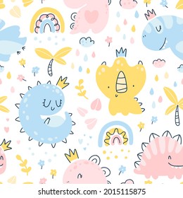 Dino princess seamless pattern. Girls dinosaurs with crowns in the jungle with a rainbow. Childish hand-drawn Scandinavian style. Vector texture for baby clothes, packaging, wallpapers, fabrics.