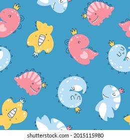 Dino princess seamless pattern. Girls dinosaurs in crowns in a simple childish hand-drawn Scandinavian style. Vector texture for baby clothes, packaging, wallpapers, textiles, fabrics