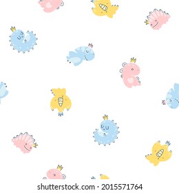 Dino princess seamless pattern. Girls dinosaurs in crowns in a simple childish hand-drawn Scandinavian style. Vector texture for baby clothes, packaging, wallpapers, textiles, fabrics