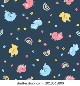 Dino princess seamless pattern. Girls dinosaurs in crowns in a simple childish hand-drawn Scandinavian style. Vector texture for baby clothes, packaging, wallpapers, textiles, fabrics