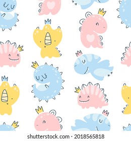 Dino princess seamless pattern. Girls dinosaurs in crowns in a simple childish hand-drawn Scandinavian style. Vector texture for baby clothes, packaging, wallpapers, textiles, fabrics