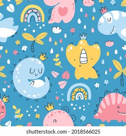 Dino princess seamless pattern. Girls dinosaurs with crowns in the jungle with a rainbow. Childish hand-drawn Scandinavian style. Vector texture for baby clothes, packaging, wallpapers, fabrics.