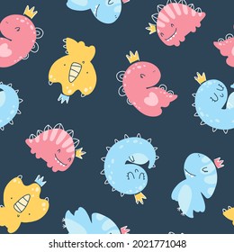 Dino princess seamless pattern. Girls dinosaurs in crowns in a simple childish hand-drawn Scandinavian style. Vector texture for baby clothes, packaging, wallpapers, textiles, fabrics