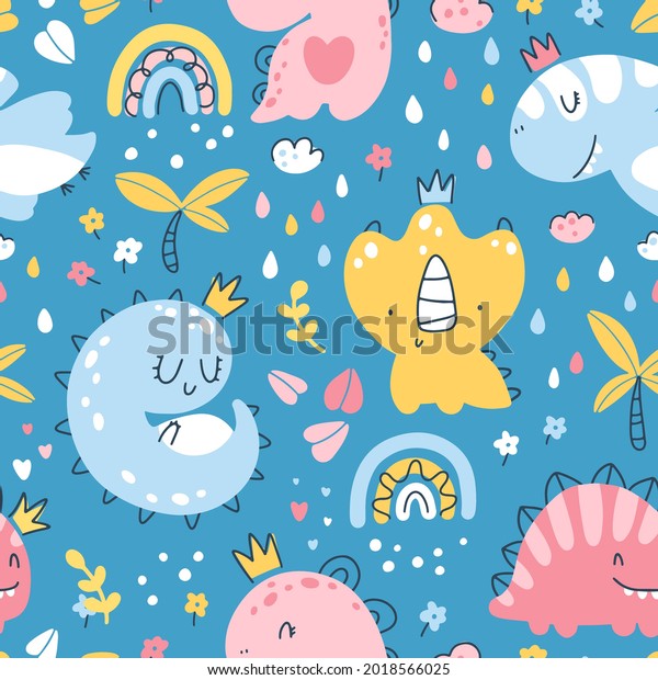 Dino princess seamless pattern. Girls dinosaurs with crowns in the jungle with a rainbow. Childish hand-drawn Scandinavian style. Vector texture for baby clothes, packaging, wallpapers, fabrics.