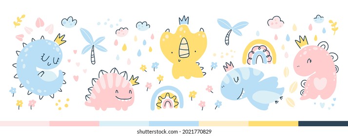 Dino princess set. Dinosaurios de niñas con coronas en la jungla con arco iris, flores, lluvia. Estilo escandinavo infantil dibujado a mano. Ilustración vectorial para ropa de bebé, embalaje, papel pintado, textiles.