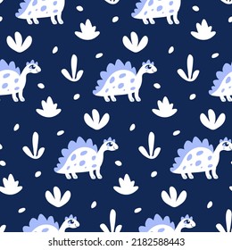 Dino print for baby fabric. Pattern with dinosaur on dark blue background for children's products design. Cute cartoon prehistoric lizards for nursery wallpaper. Friendly nice animal monsters for boy.
