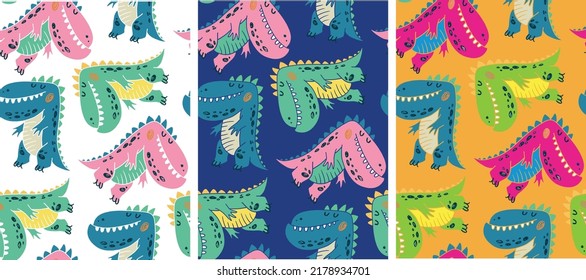 Dino print. Dinosaur hand drawn doodle pattern background. T-shirt design template. 