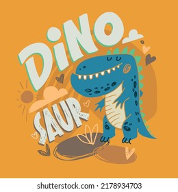 Dino print. Dinosaur hand drawn doodle pattern background. T-shirt design template. 