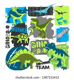 Dino print for T-shirts, textiles, paper, web. Original design with t-rex,dinosaur.  grunge design for boys . 