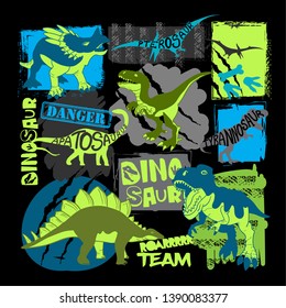 Dino print for T-shirts, textiles, paper, web. Original design with t-rex,dinosaur.  grunge design for boys .  On black background