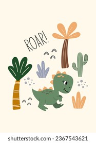 Dino Roar quote. Cute dinosaur color vector character. Baby illustration of dino in cartoon style. Childish art for nursery, poster, textile and kids apparel.