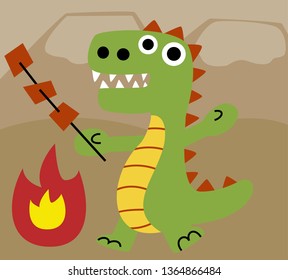 dino roasting a meat,dino in jurassic world,vector dino,animals illustration.vector cartoon for kids