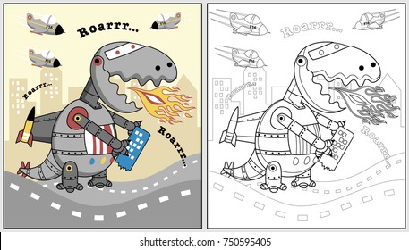 Dino Robot Attack City, Vector Cartoon Illustration, Coloring Book Or Page