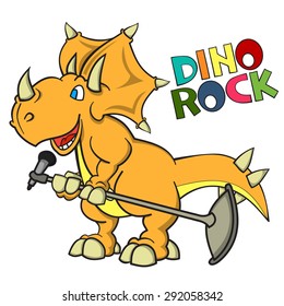 Dino rock band series. Funny cartoon Triceratops as a singer of rock band with a microphone.