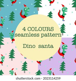 Dino santa pattern in pine forest, on 4 color background, seamless, print for t-shirt, textile, wrapping paper, web, original design with t-rex, dinosaur.
