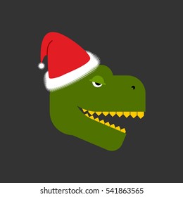 Dino Santa. Tyrannosaurus and Claus cap. Red hat and dinosaur. Christmas ancient predator
