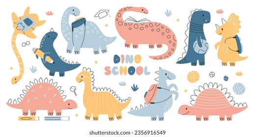 Dino school education doodle set with cute happy preschool dinosaurs cartoon jurassic animal creature character studying holding different learning stationery and backpack vector illustration