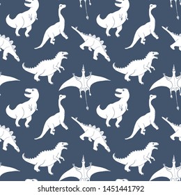 Dino Seamless Pattern, Cute Cartoon Hand Drawn Dinosaurs Doodles Vector Illustration.