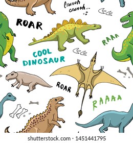 Dino Seamless Pattern, Cute Cartoon Hand Drawn Dinosaurs Doodles Vector Illustration.