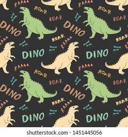 Dino Seamless Pattern, Cute Cartoon Hand Drawn Dinosaurs Doodles Vector Illustration