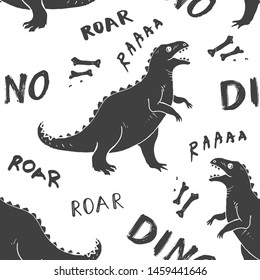 Dino Seamless Pattern, Cute Cartoon Hand Drawn Dinosaurs Doodles Vector Illustration.