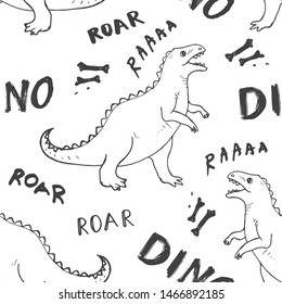 Dino Seamless Pattern, Cute Cartoon Hand Drawn Dinosaurs Doodles Vector Illustration.